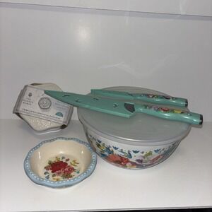 Pioneer Woman Lot of Kitchen Supplies, Metal Bowl With Lid, Knives, Bowls, Etc.
